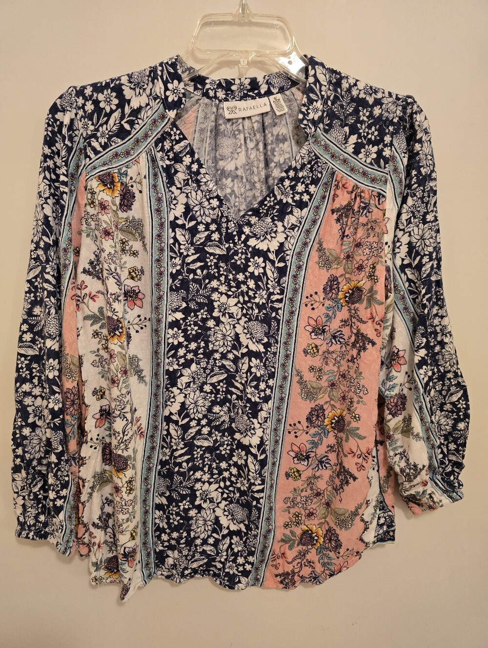 Rafaella Navy Floral Patchwork V-Neck Blouse - Pink & Navy